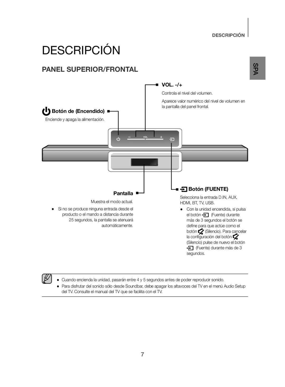 Samsung HW-J470/ZF manual Descripción, Panel SUPERIOR/FRONTAL 