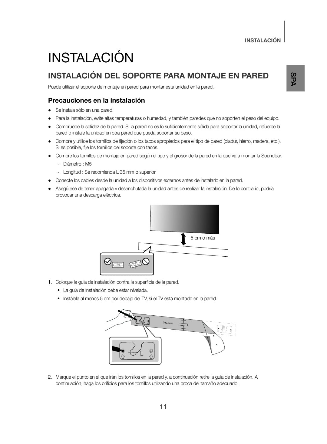 Samsung HW-J470/ZF manual Instalación DEL Soporte Para Montaje EN Pared, Precauciones en la instalación 