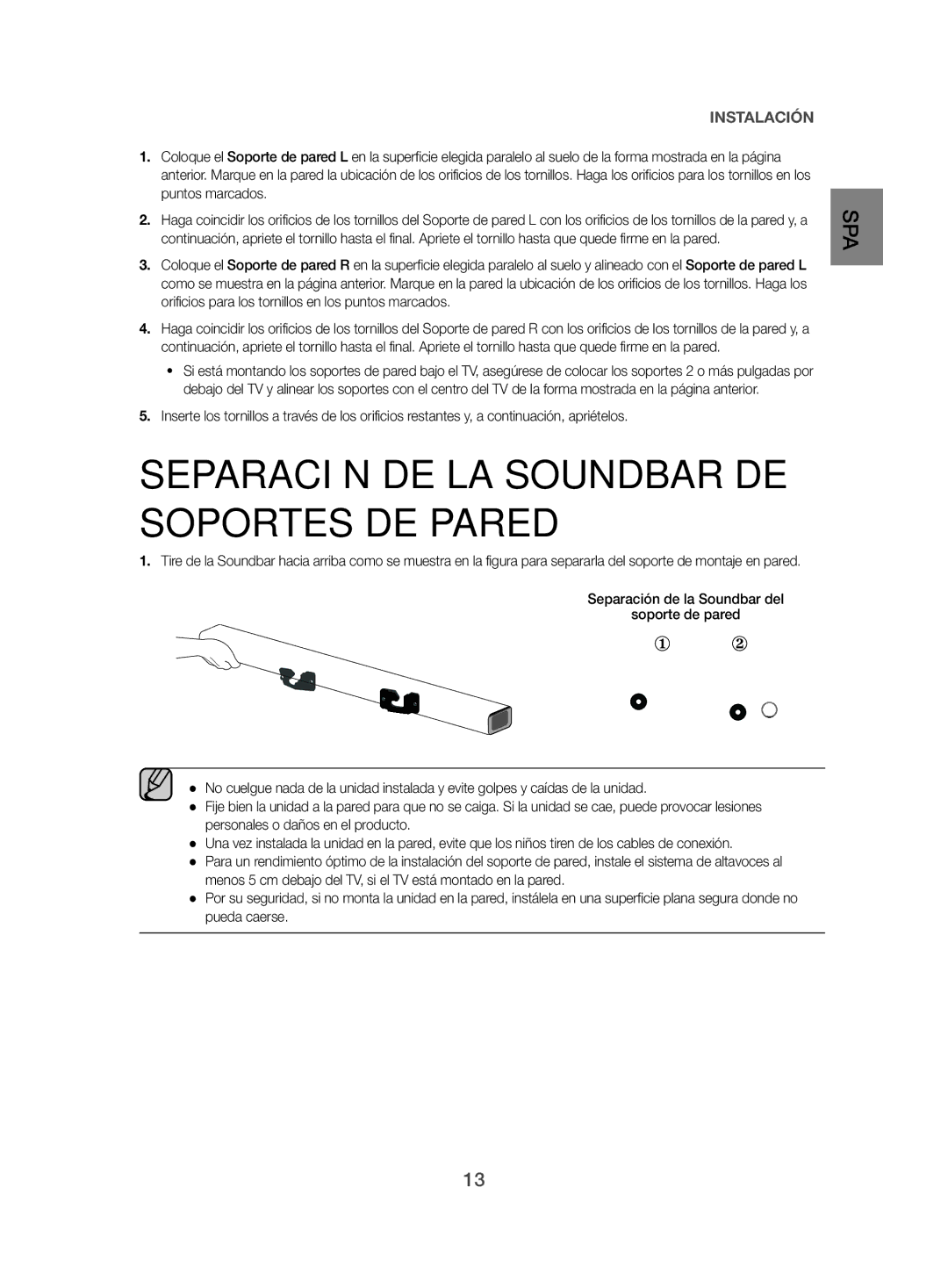 Samsung HW-J470/ZF manual Separación DE LA Soundbar DE Soportes DE Pared 