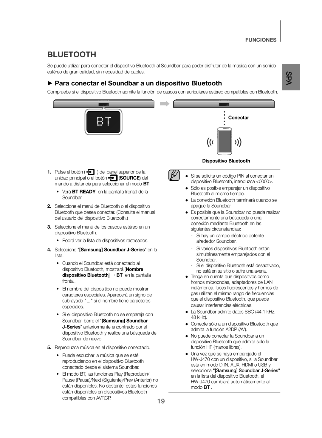 Samsung HW-J470/ZF manual ++Para conectar el Soundbar a un dispositivo Bluetooth, Conectar Dispositivo Bluetooth 