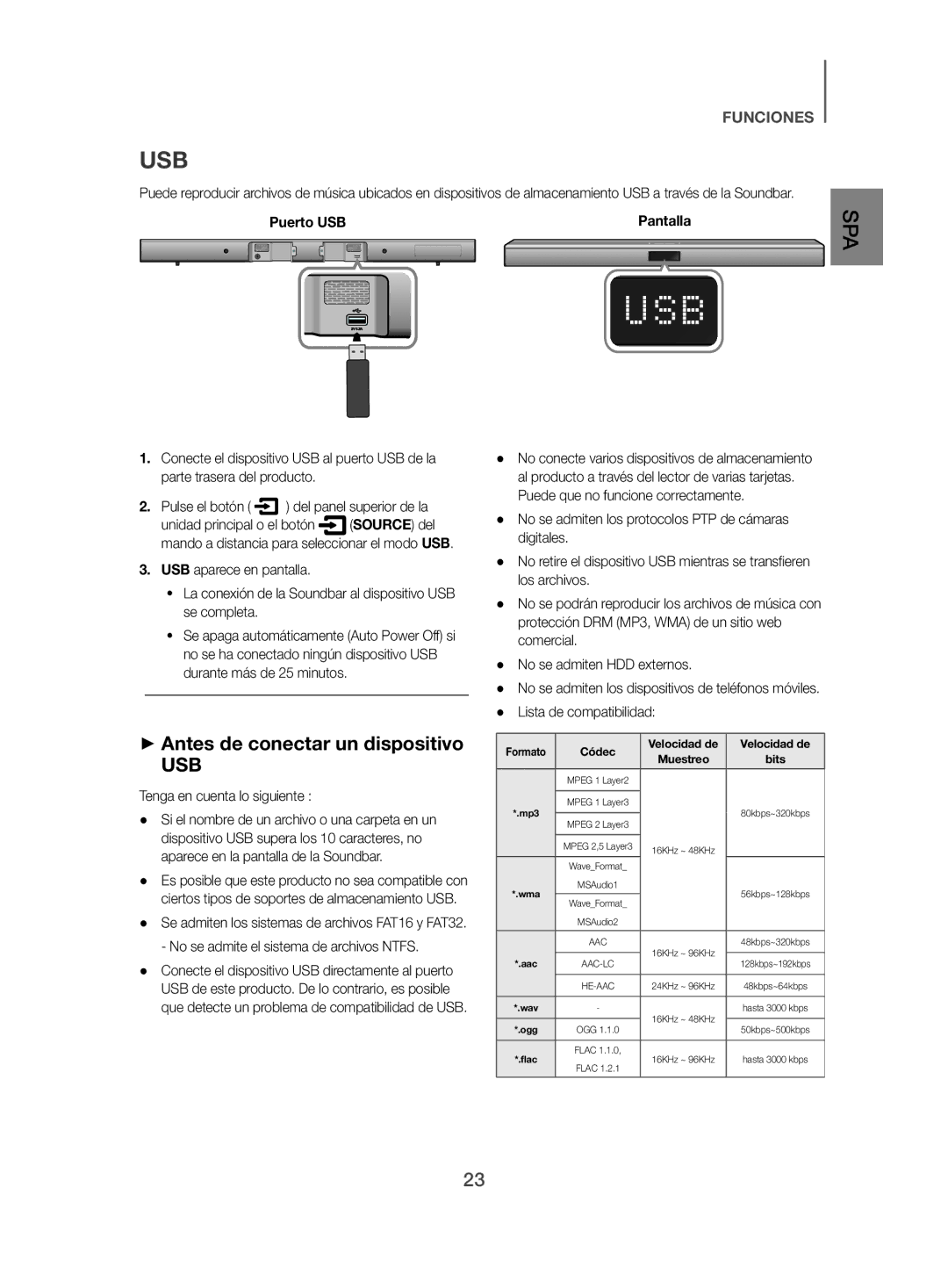 Samsung HW-J470/ZF manual ++Antes de conectar un dispositivo, Puerto USB, Tenga en cuenta lo siguiente 