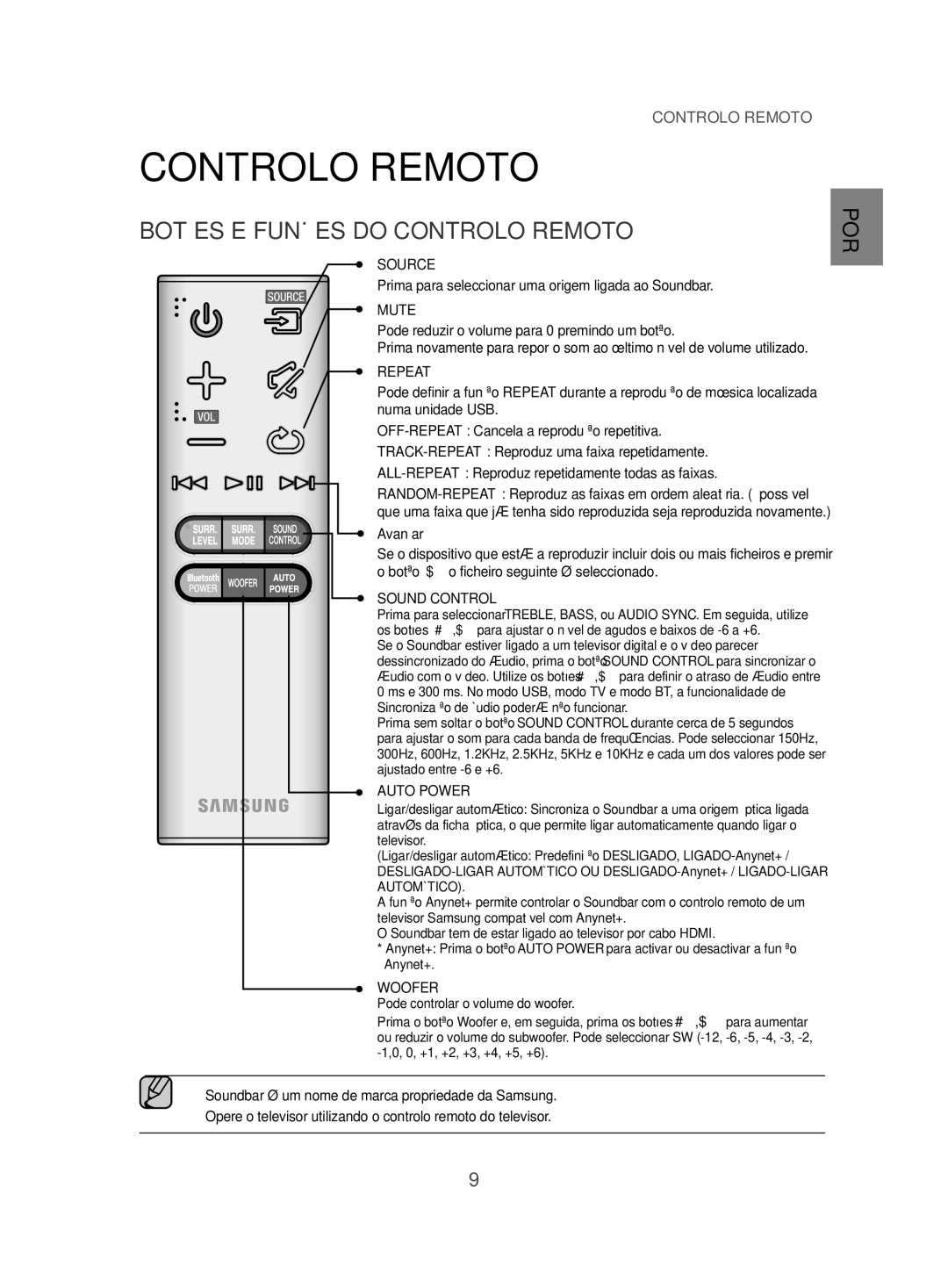 Samsung HW-J470/ZF Botões E Funções do Controlo Remoto, Prima para seleccionar uma origem ligada ao Soundbar, Avançar 