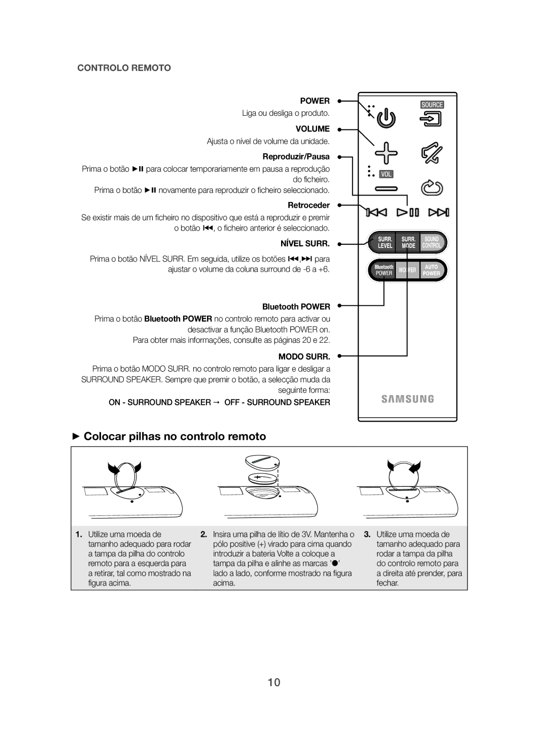 Samsung HW-J470/ZF manual ++Colocar pilhas no controlo remoto, Liga ou desliga o produto 