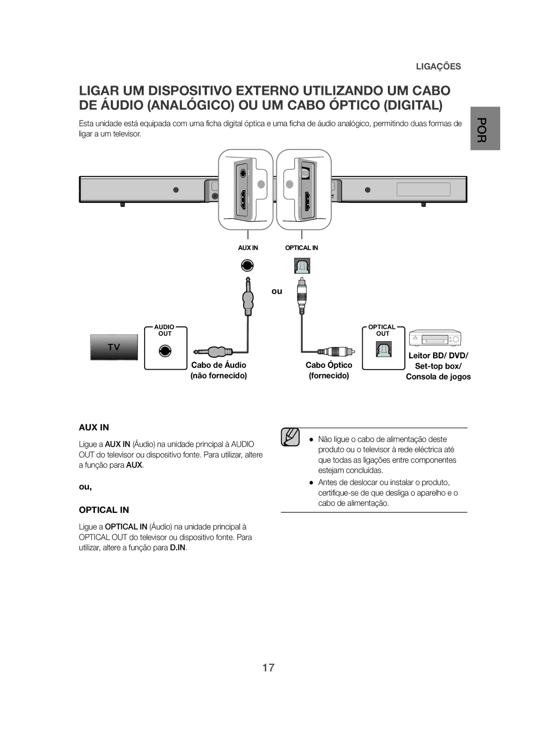 Samsung HW-J470/ZF manual Cabo de Áudio Cabo Óptico, Não fornecido 