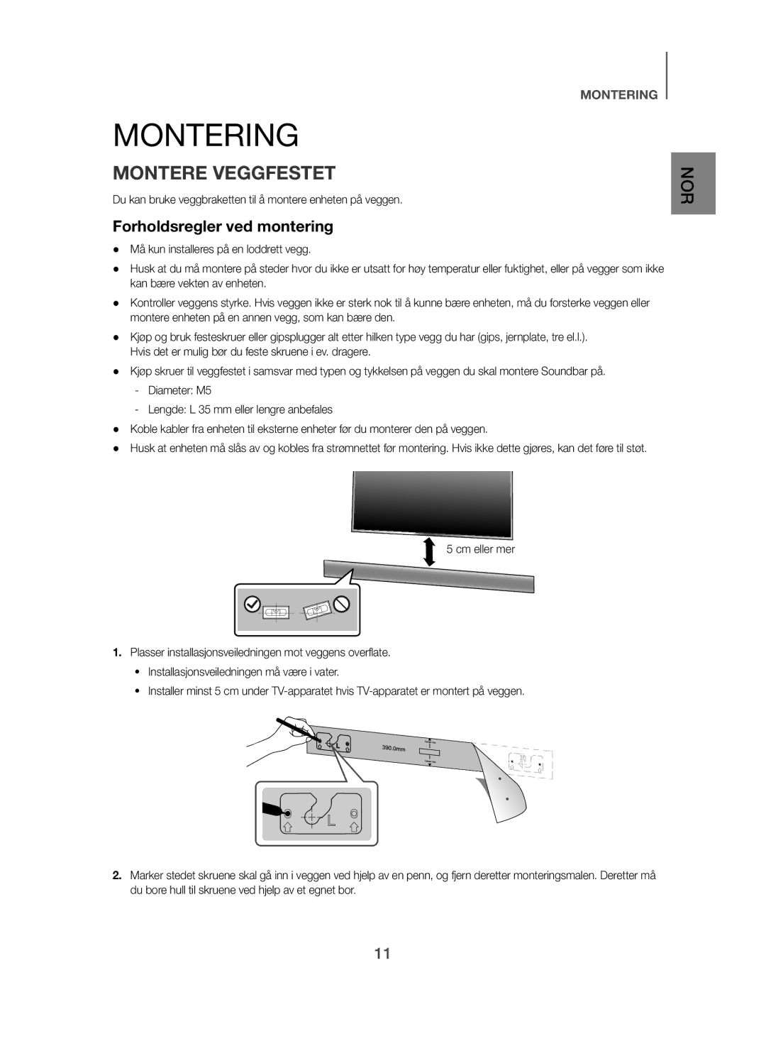 Samsung HW-J480/XE manual Montering, Montere Veggfestet, Forholdsregler ved montering 