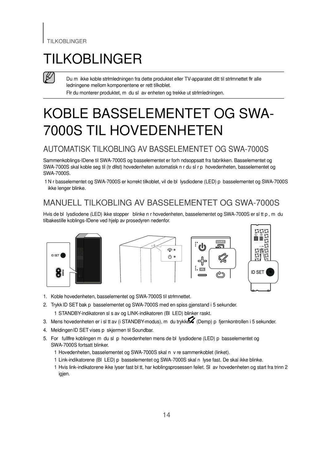 Samsung HW-J480/XE manual Tilkoblinger, Koble Basselementet OG SWA- 7000S TIL Hovedenheten 