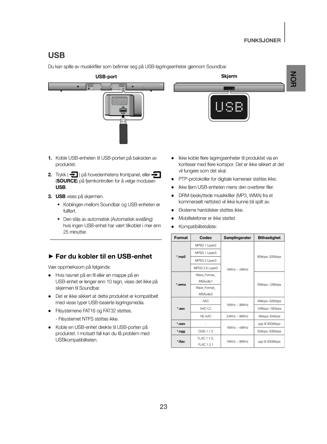 Samsung HW-J480/XE manual ++Før du kobler til en USB-enhet, Kompatibilitetsliste 