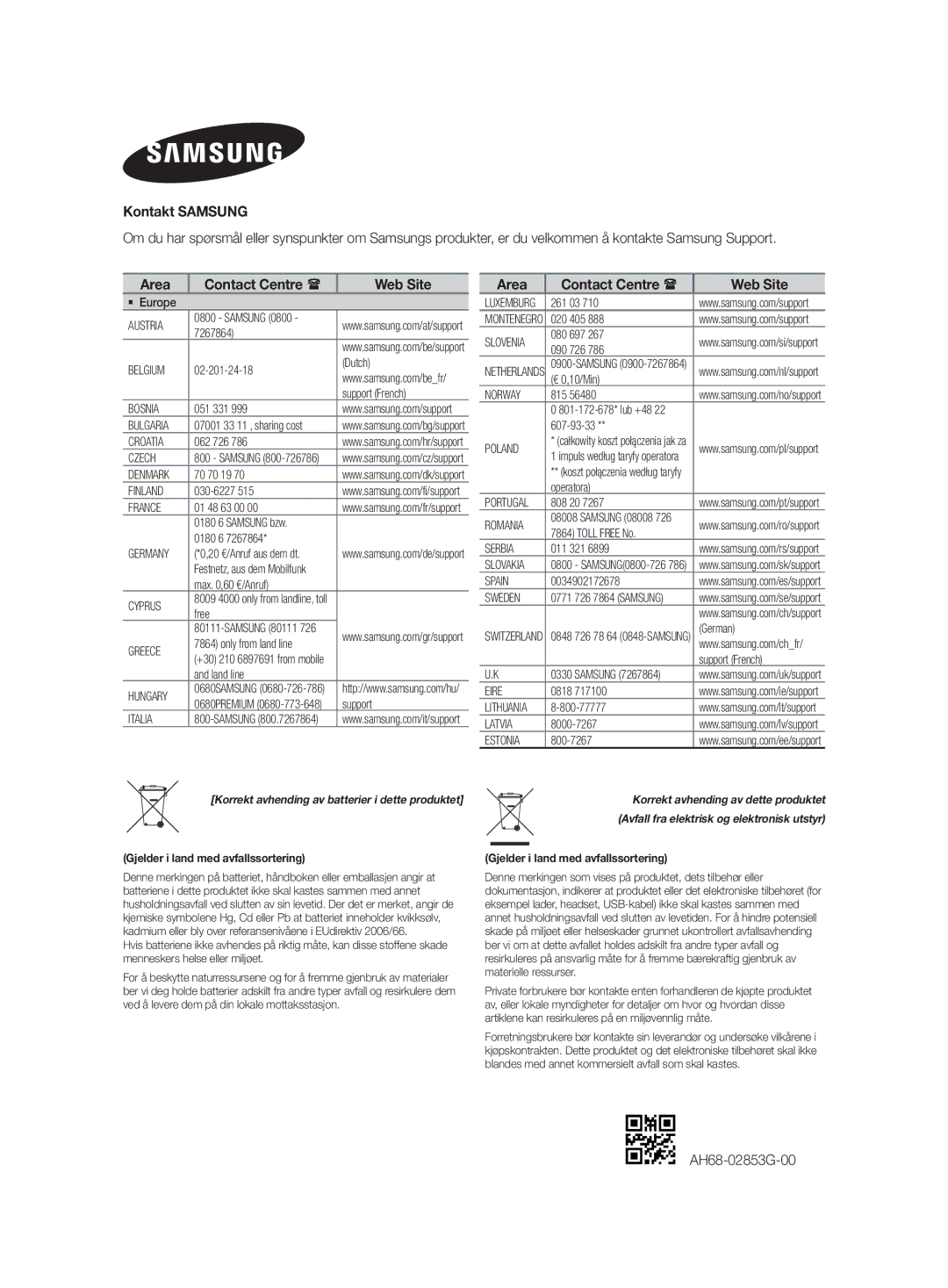 Samsung HW-J480/XE manual AH68-02853G-00, Korrekt avhending av batterier i dette produktet 