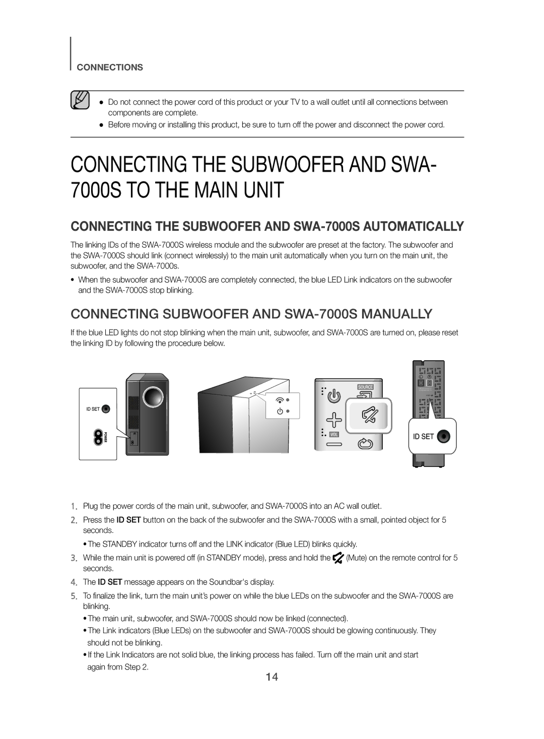 Samsung HW-J480/XE manual Connecting the Subwoofer and SWA- 7000S to the Main Unit 