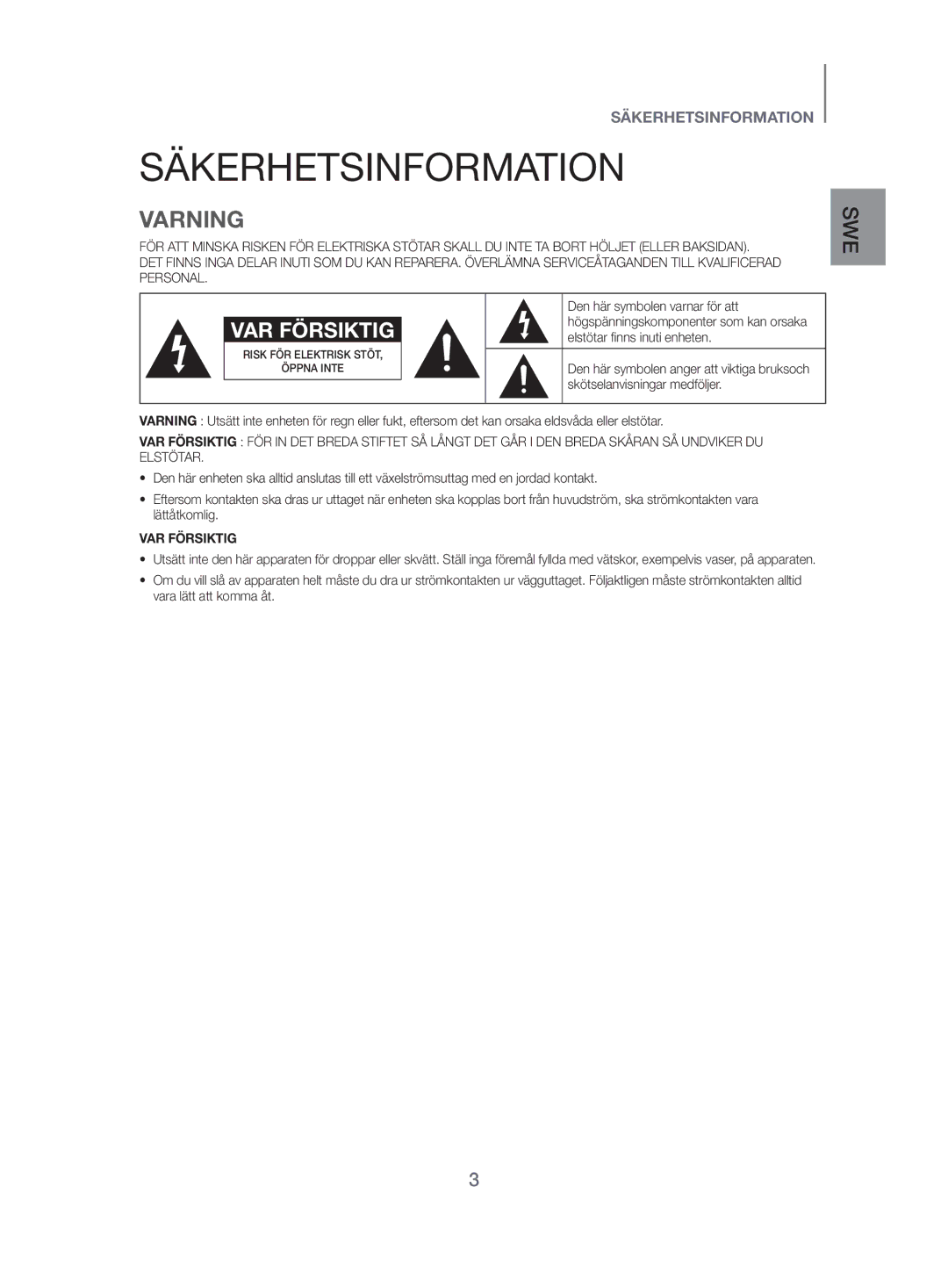 Samsung HW-J480/XE manual Säkerhetsinformation, Varning 