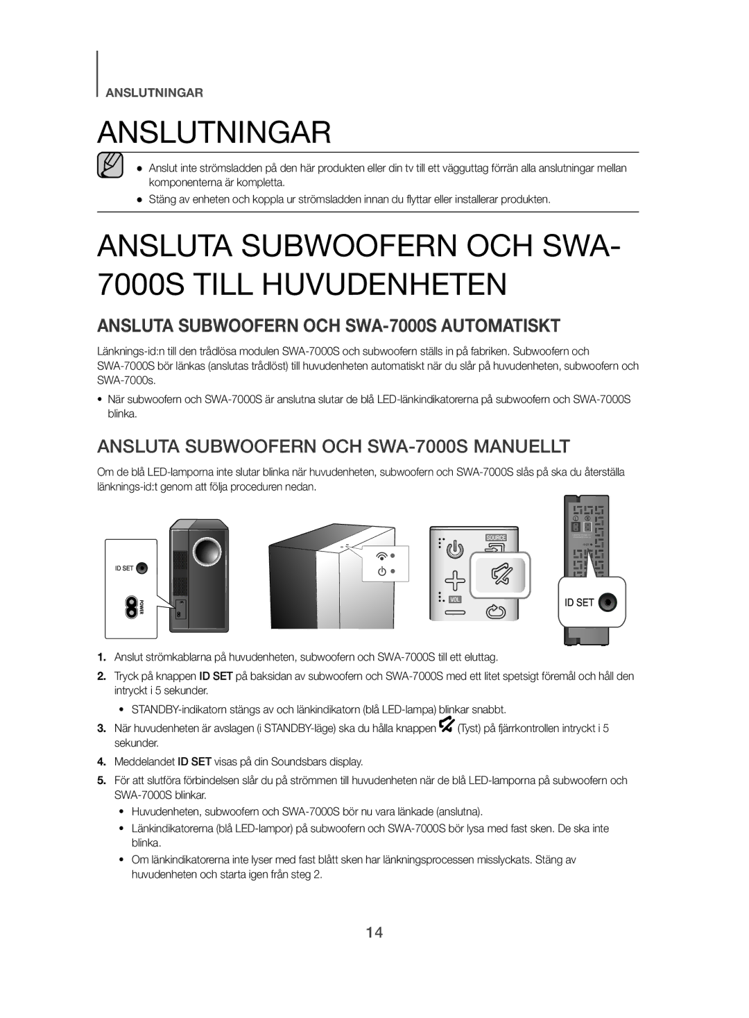 Samsung HW-J480/XE manual Anslutningar, Ansluta Subwoofern OCH SWA- 7000S Till Huvudenheten 