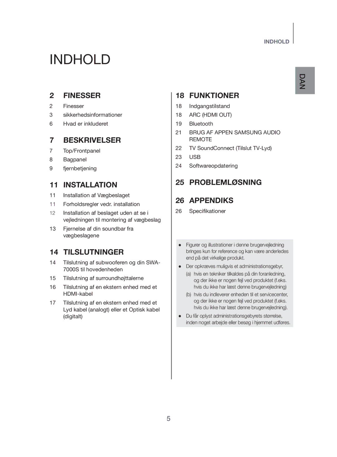 Samsung HW-J480/XE manual Indhold, Der opkræves muligvis et administrationsgebyr 