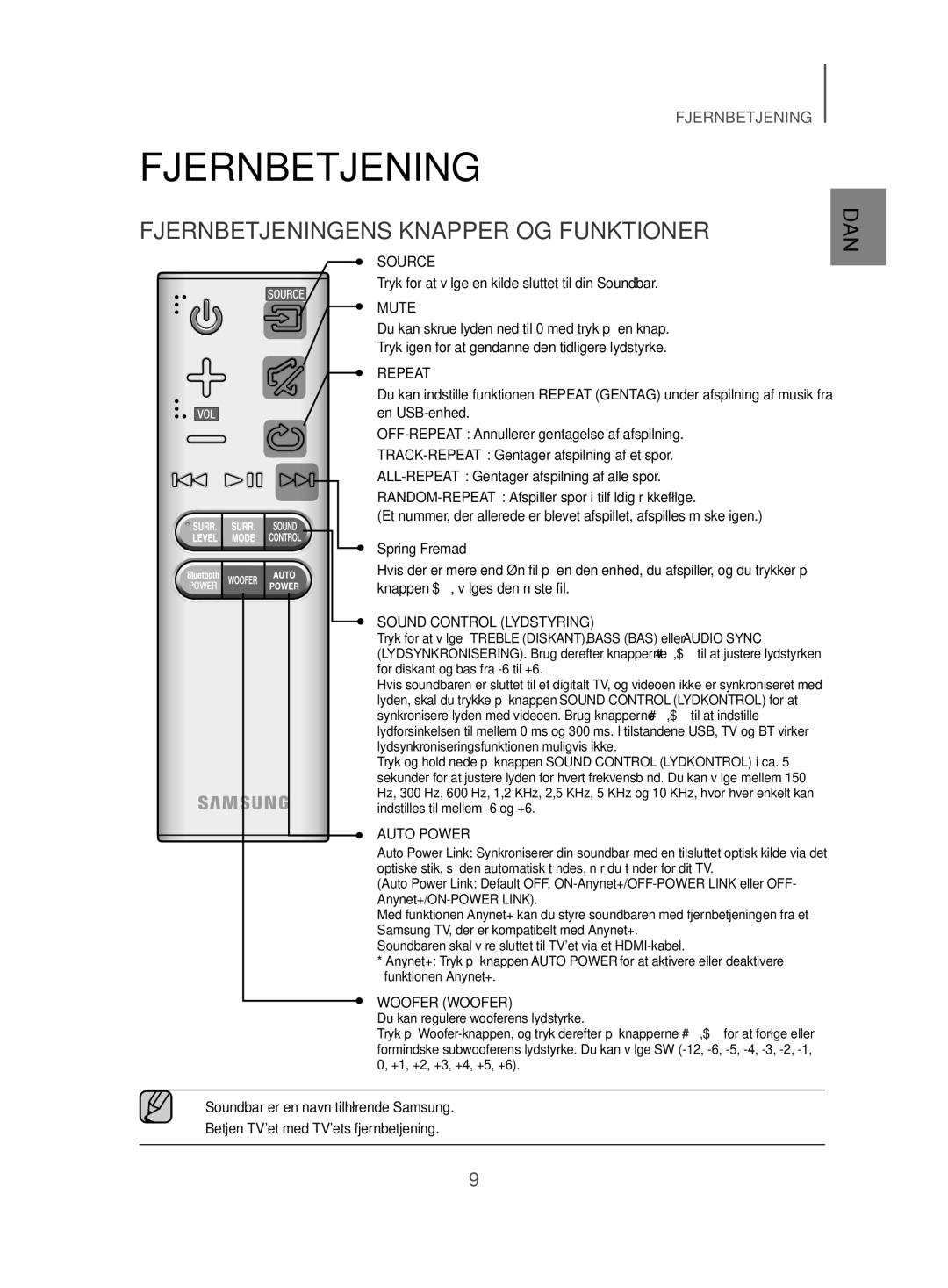 Samsung HW-J480/XE manual Fjernbetjeningens Knapper OG Funktioner, Tryk for at vælge en kilde sluttet til din Soundbar 