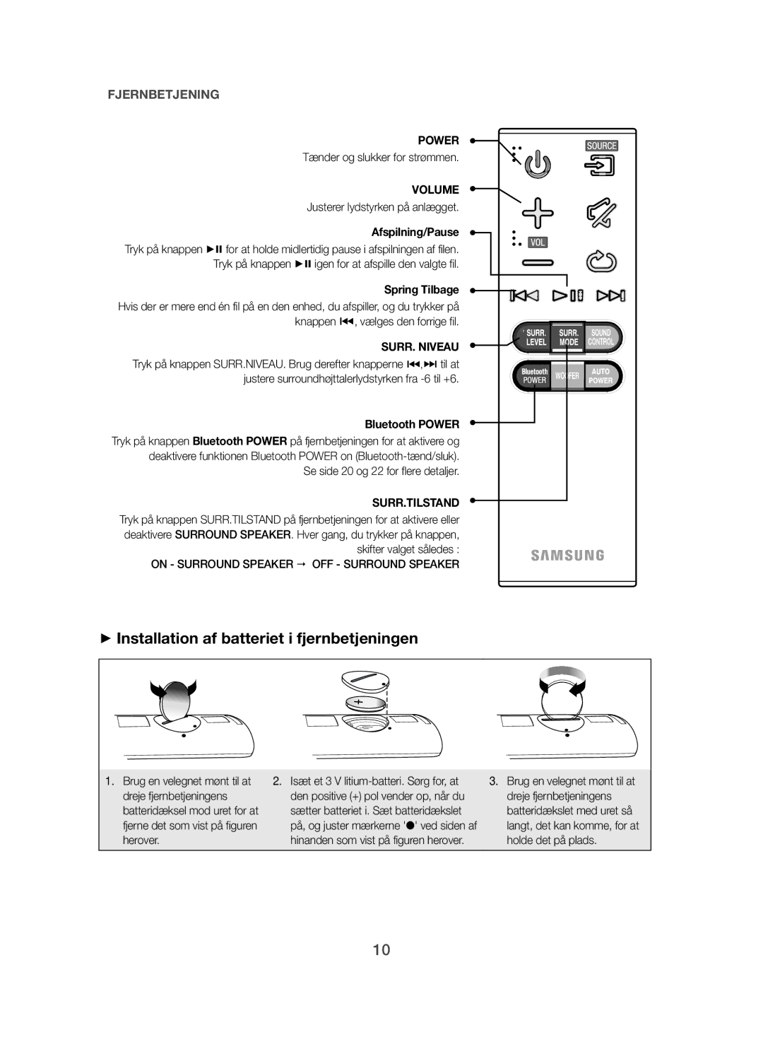 Samsung HW-J480/XE manual ++Installation af batteriet i fjernbetjeningen, Afspilning/Pause, Spring Tilbage 