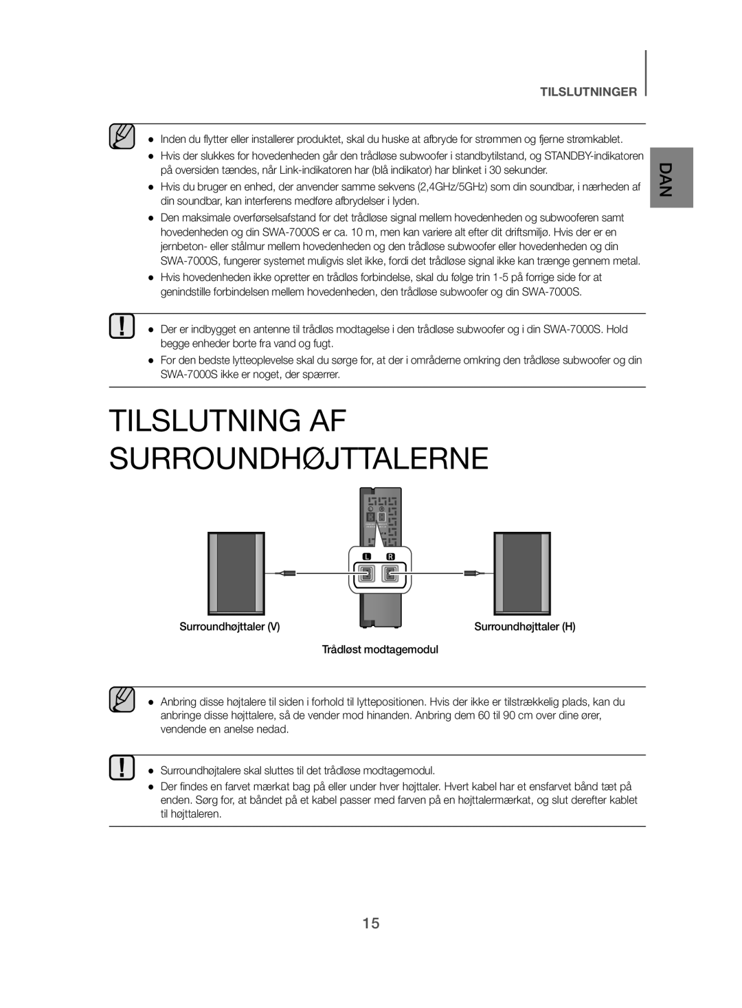 Samsung HW-J480/XE manual Tilslutning AF Surroundhøjttalerne 