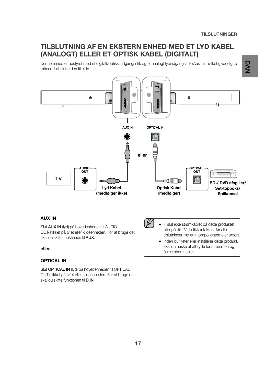 Samsung HW-J480/XE manual Lyd Kabel Optisk Kabel 