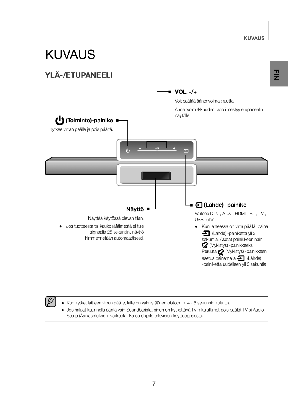 Samsung HW-J480/XE manual Kuvaus, Ylä-/Etupaneeli, Kytkee virran päälle ja pois päältä, USB-tulon 