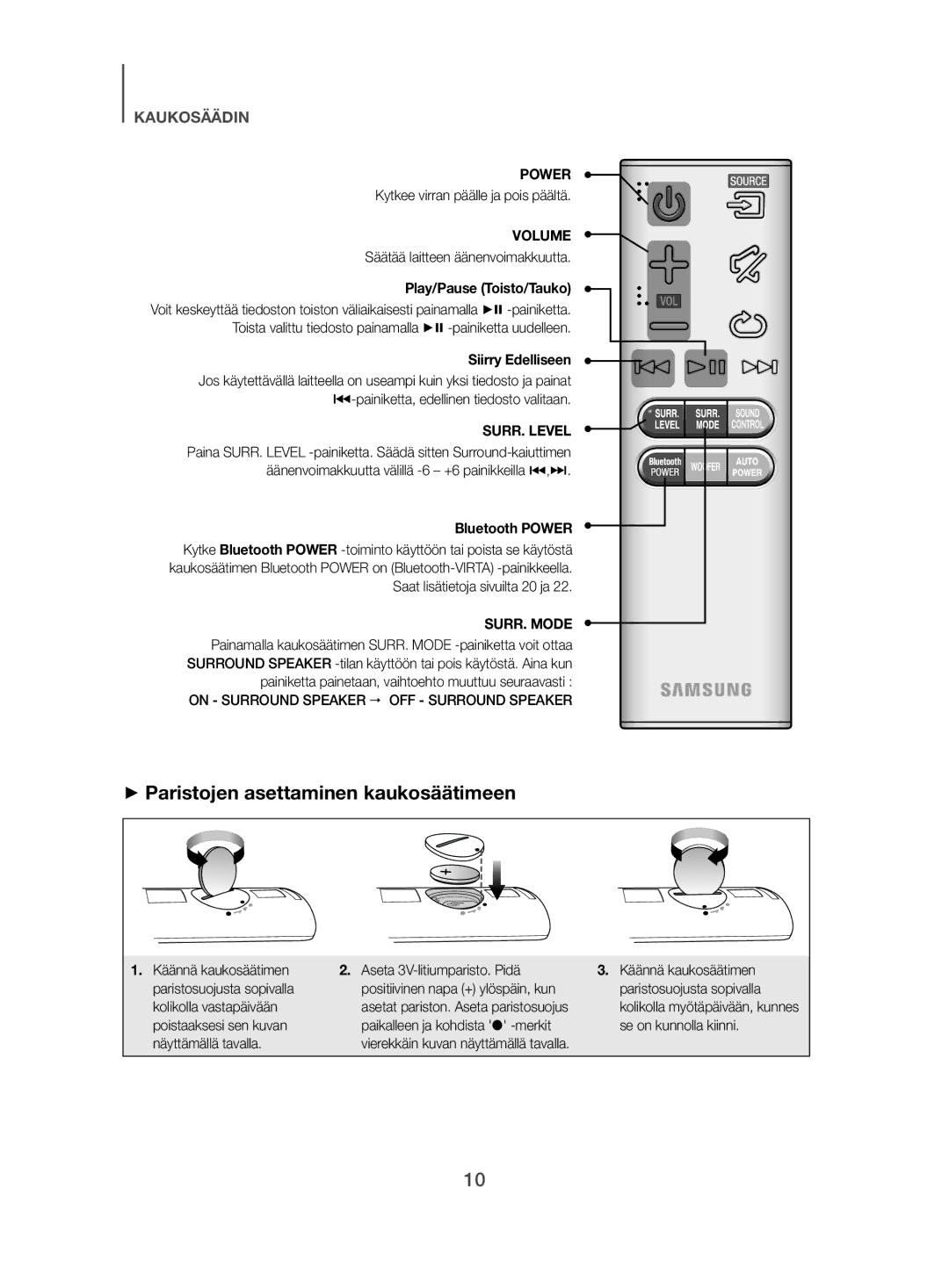 Samsung HW-J480/XE ++Paristojen asettaminen kaukosäätimeen, Säätää laitteen äänenvoimakkuutta, Play/Pause Toisto/Tauko 