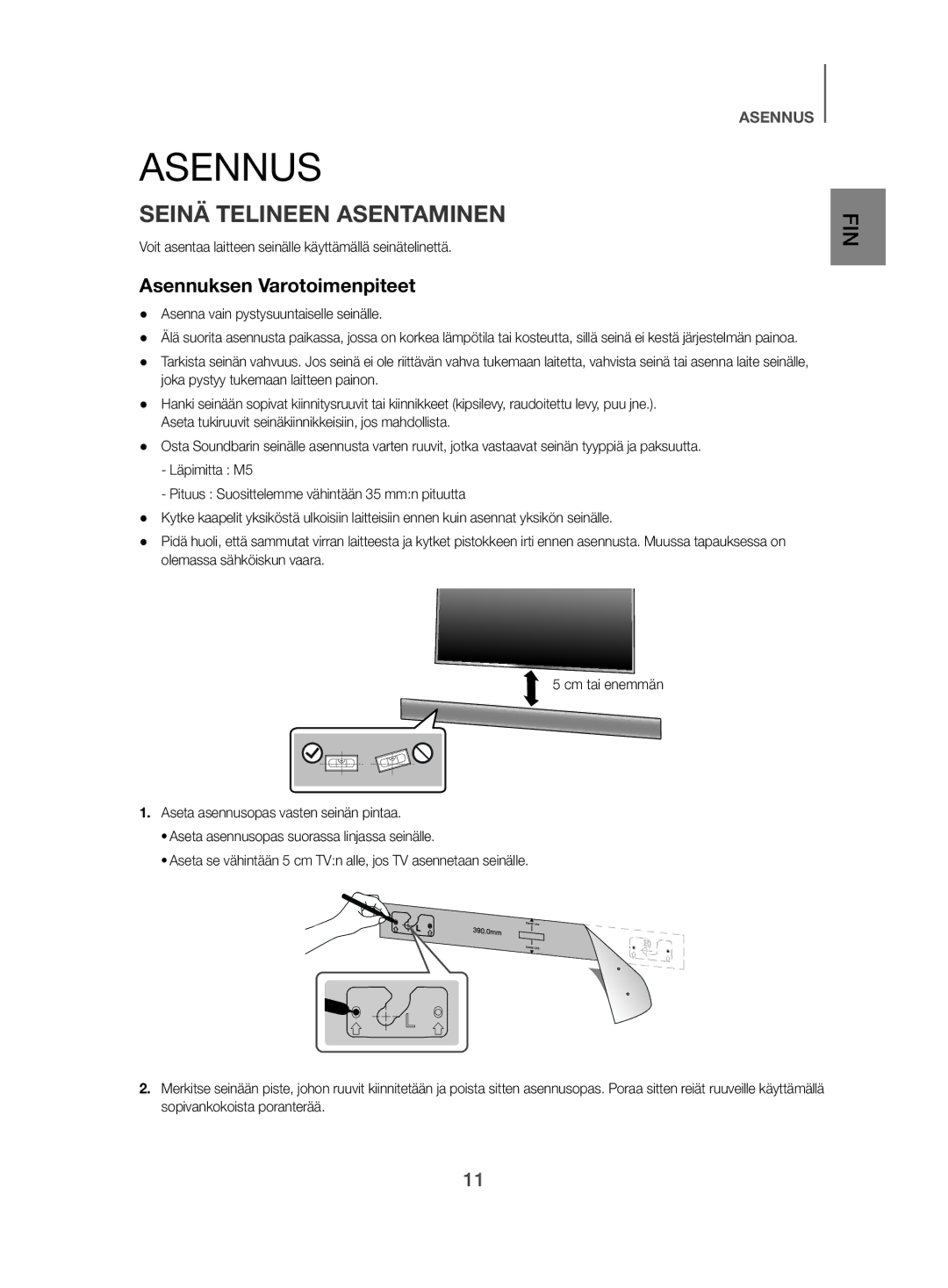 Samsung HW-J480/XE manual Asennus, Seinä Telineen Asentaminen, Asennuksen Varotoimenpiteet 