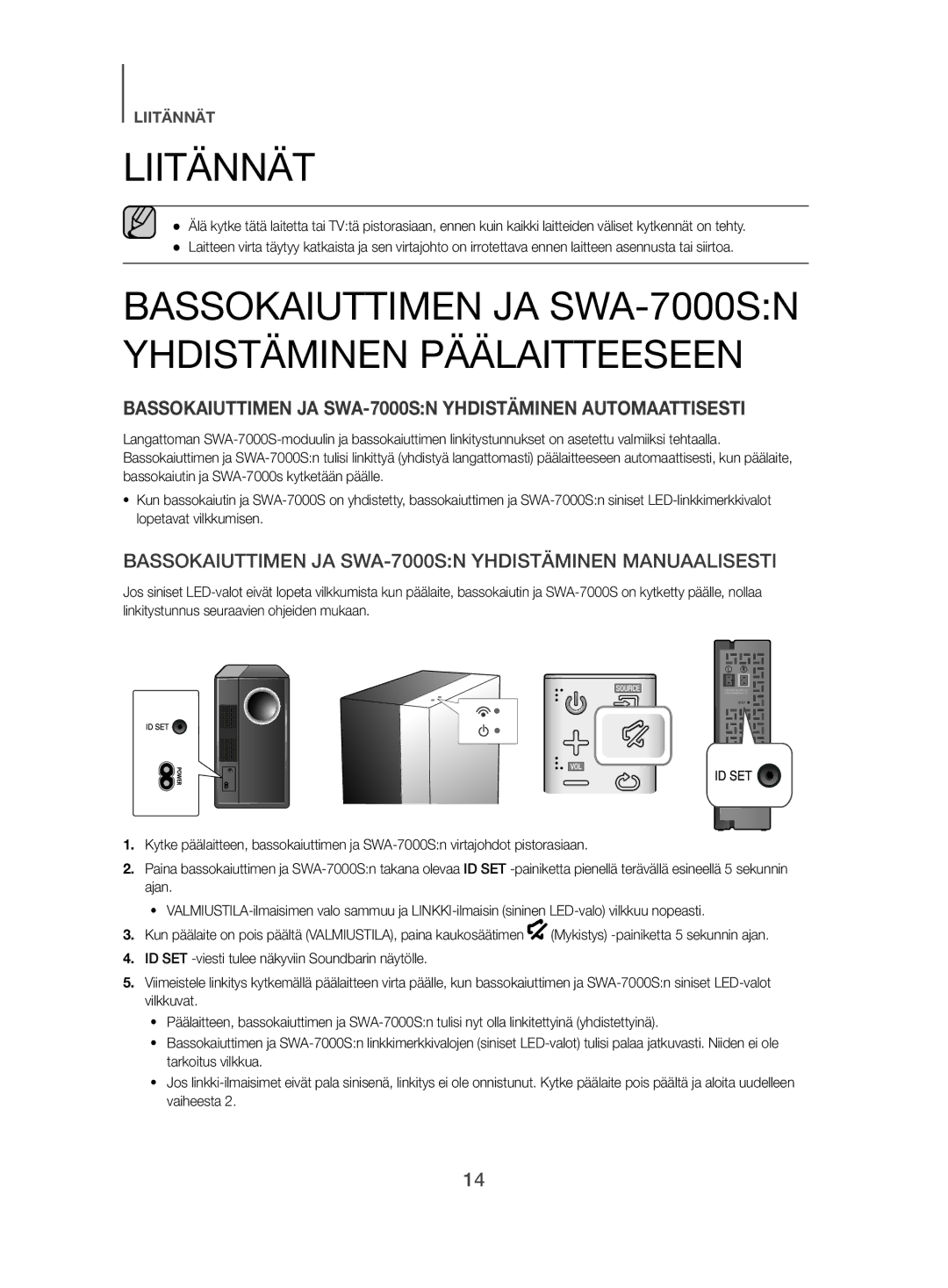 Samsung HW-J480/XE manual Liitännät, Bassokaiuttimen JA SWA-7000SN Yhdistäminen Päälaitteeseen 