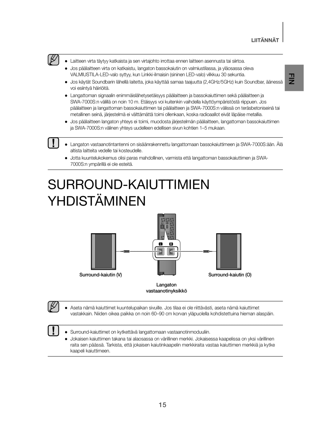 Samsung HW-J480/XE manual SURROUND-KAIUTTIMIEN Yhdistäminen, Surround-kaiutin, Langaton Vastaanotinyksikkö 