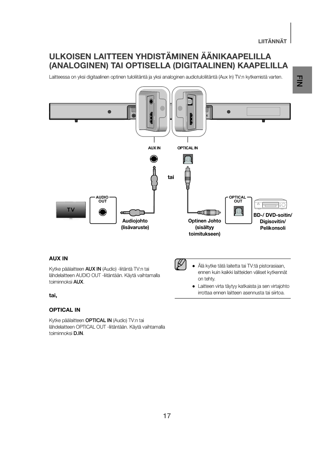 Samsung HW-J480/XE manual Tai, Audiojohto Optinen Johto 