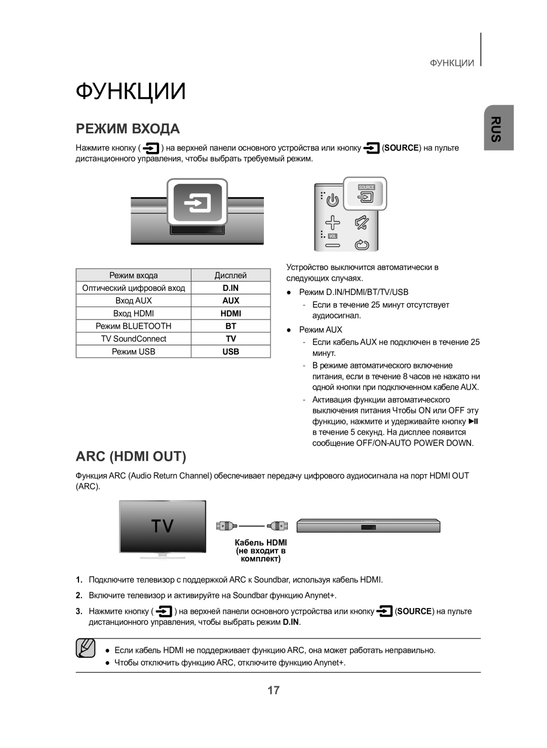 Samsung HW-J550/RU manual Режим Входа, ARC Hdmi OUT, Режим входа Дисплей, Кабель Hdmi не входит в комплект 