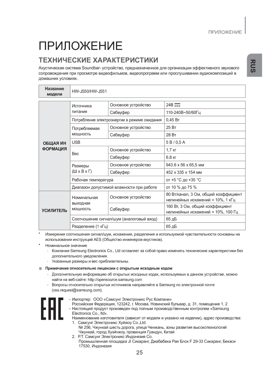 Samsung HW-J550/RU manual Приложение, Технические Характеристики 