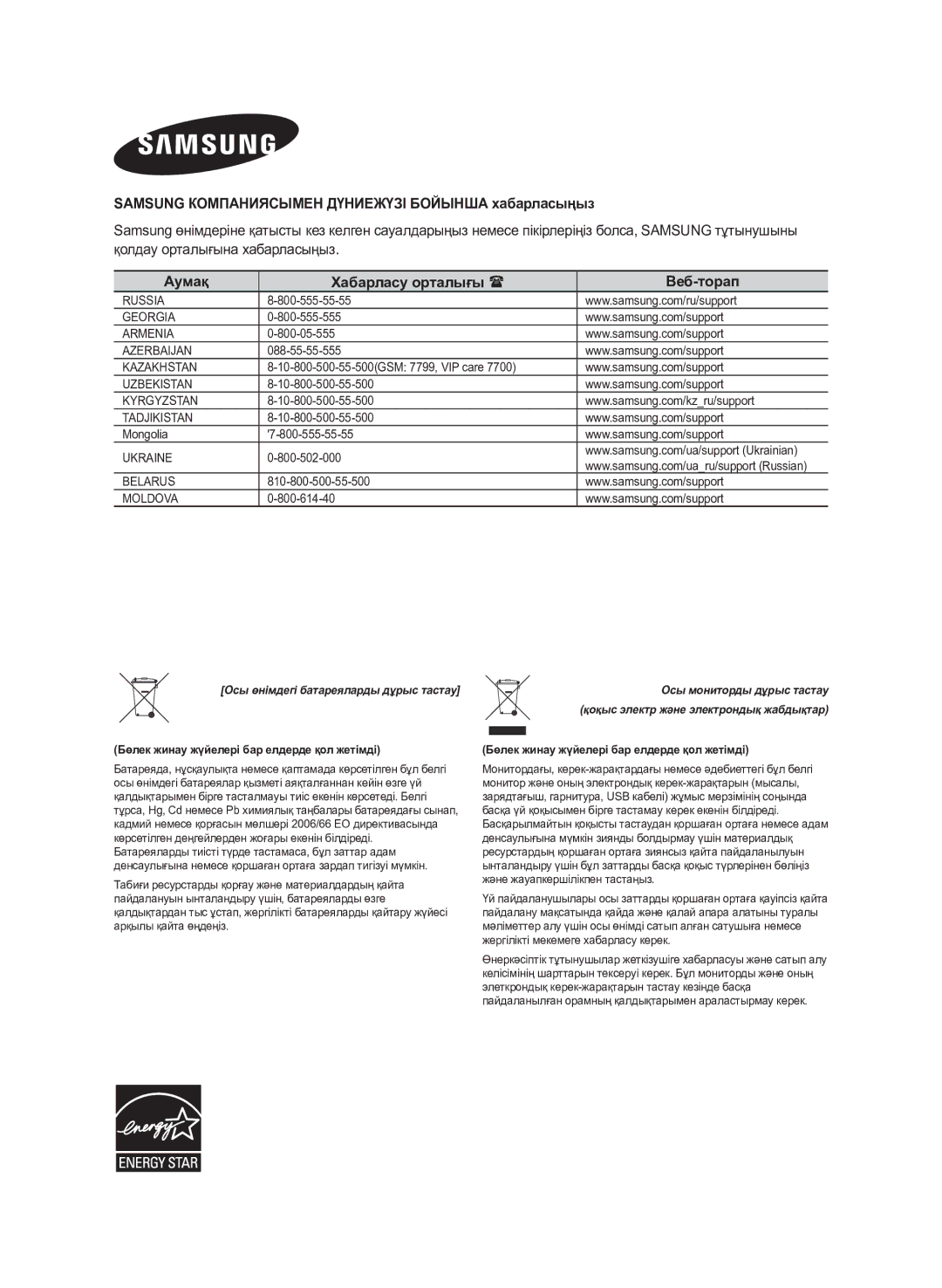 Samsung HW-J550/RU manual Samsung Компаниясымен Дүниежүзі Бойынша хабарласыңыз, Аумақ Хабарласу орталығы  Веб-торап 