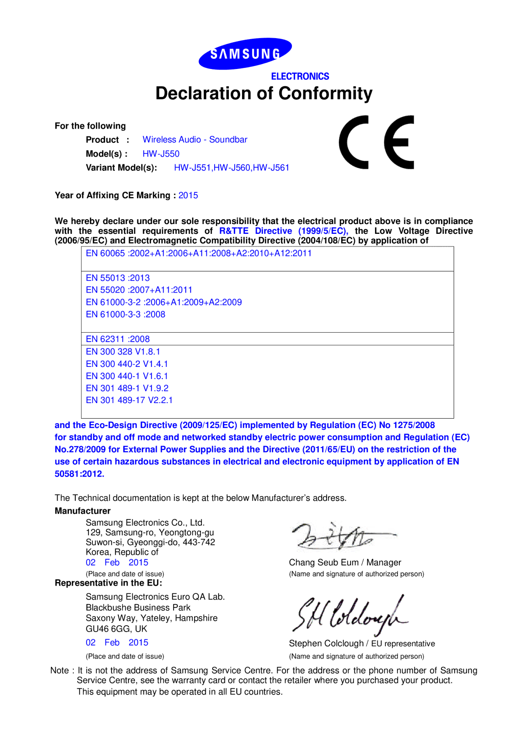 Samsung HW-J550/EN, HW-J551/EN manual Declaration of Conformity, For the following, Models HW-J550, Manufacturer 