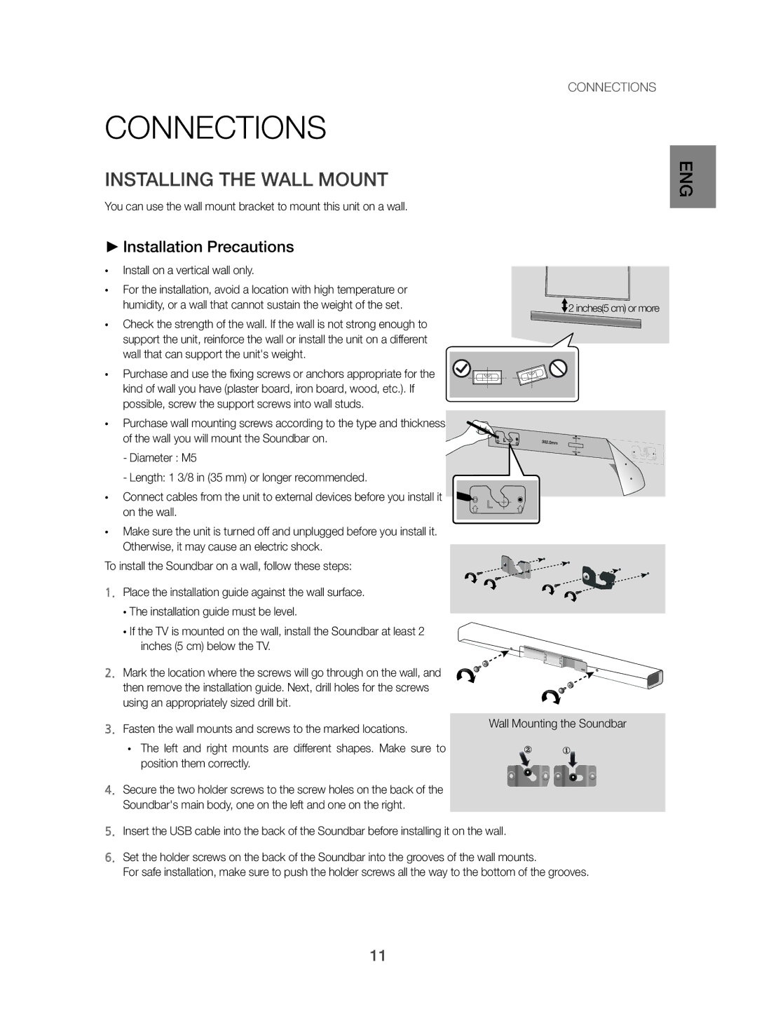 Samsung HW-J550/EN, HW-J551/EN manual Connections, Installing the Wall Mount, Installation Precautions 