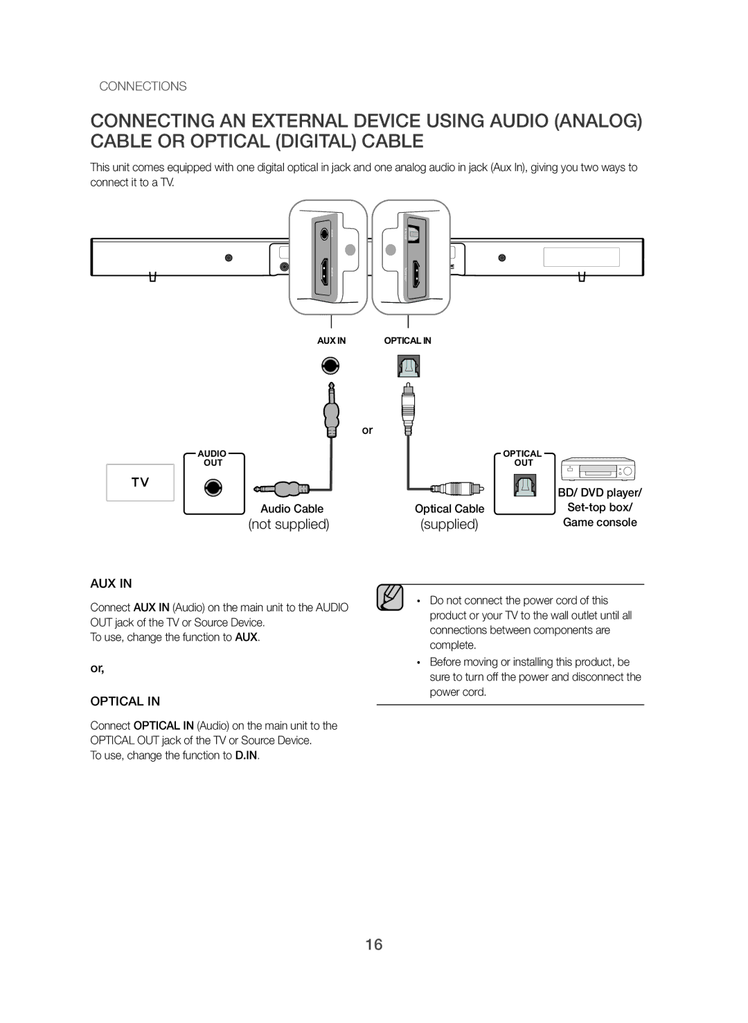 Samsung HW-J551/EN, HW-J550/EN manual Audio Cable, To use, change the function to D.IN 