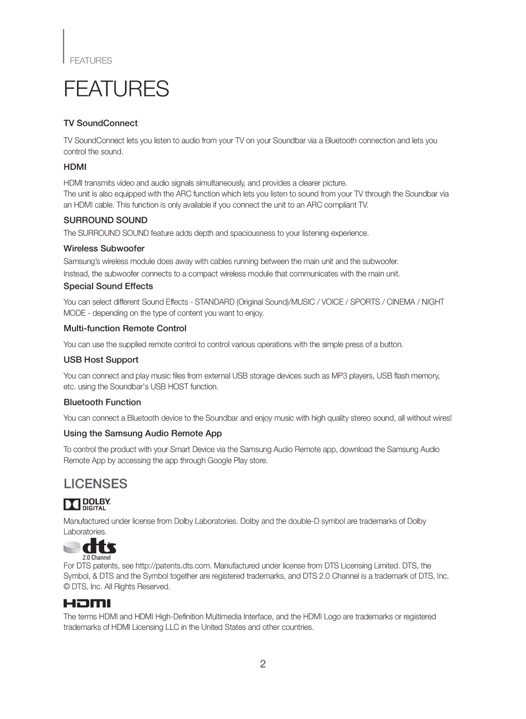 Samsung HW-J551/EN, HW-J550/EN manual Features, Licenses 