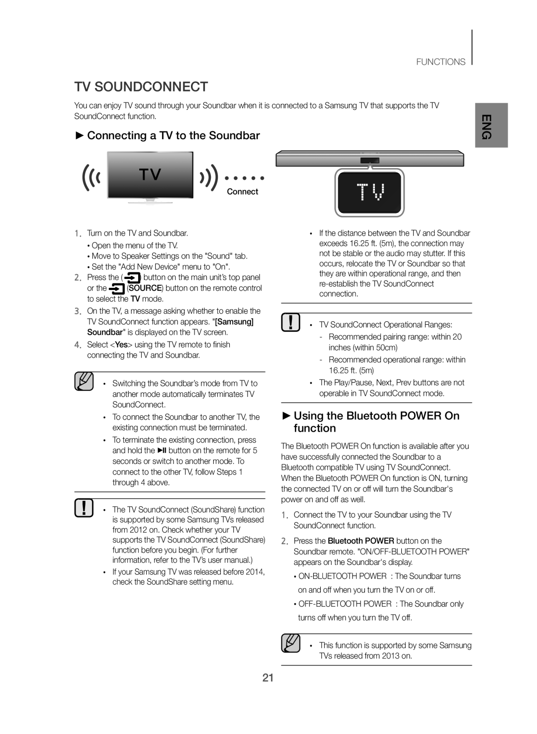 Samsung HW-J550/EN, HW-J551/EN TV Soundconnect, Connecting a TV to the Soundbar, Using the Bluetooth Power On function 