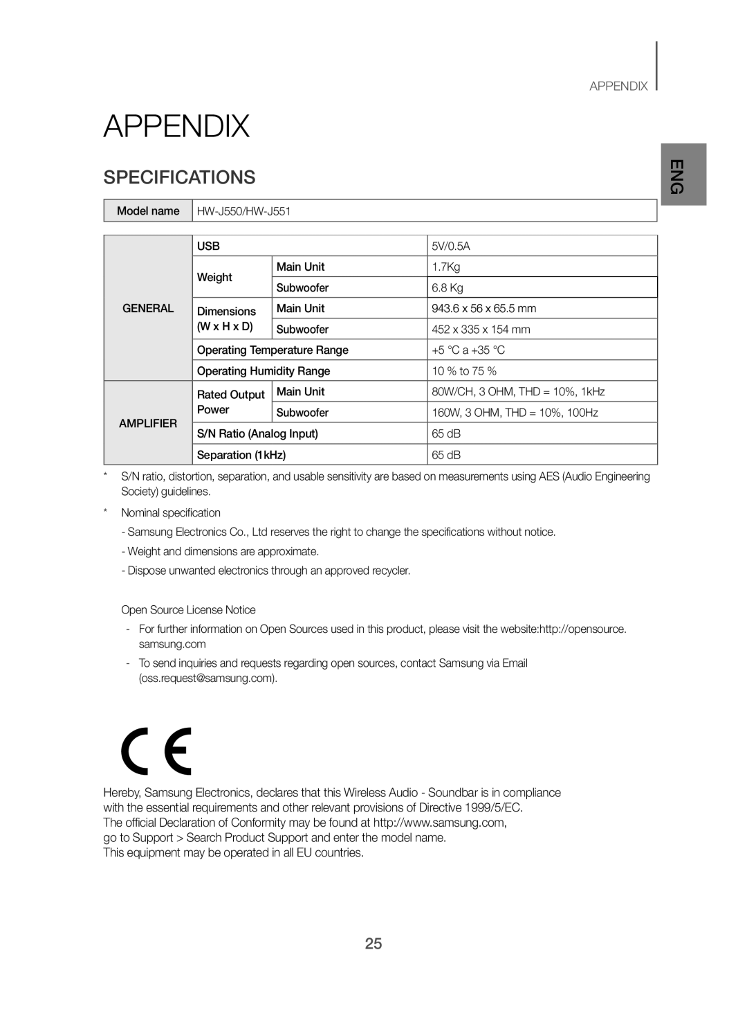 Samsung HW-J550/EN manual Appendix, Specifications, Model name HW-J550/HW-J551, 5V/0.5A, Weight Main Unit 7Kg Subwoofer 