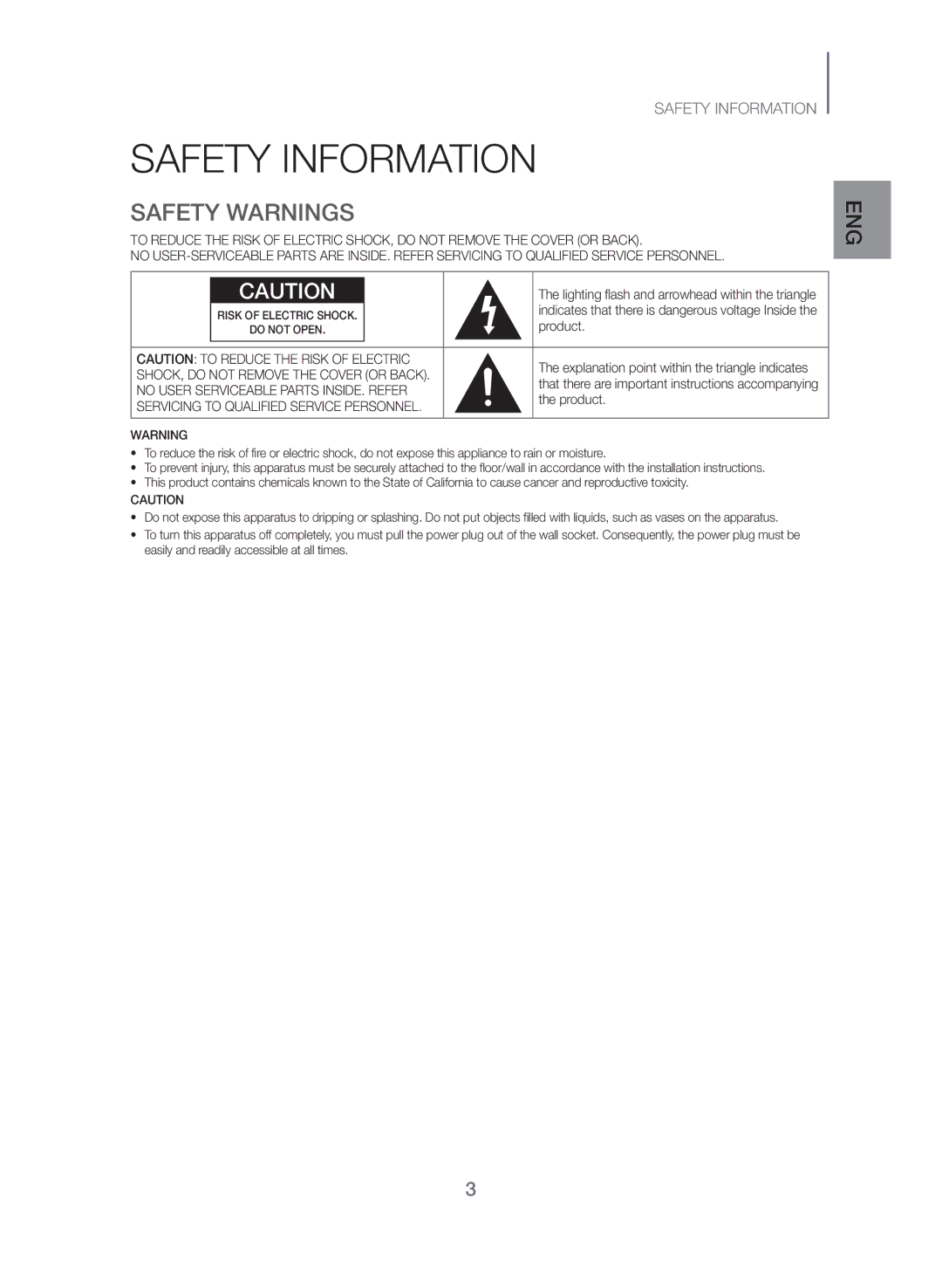 Samsung HW-J550/EN, HW-J551/EN manual Safety Information, Safety Warnings 