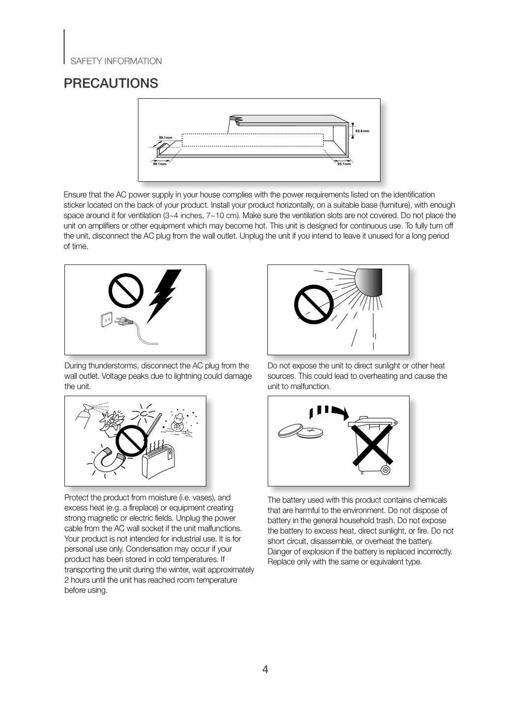 Samsung HW-J551/EN, HW-J550/EN manual Precautions 