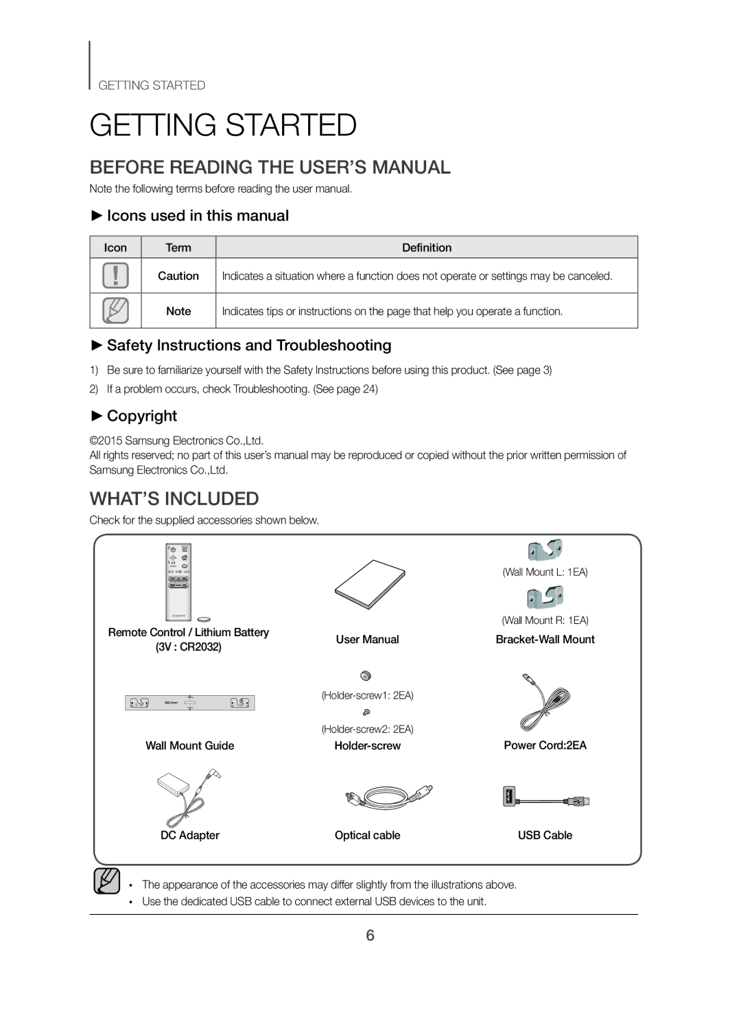 Samsung HW-J551/EN, HW-J550/EN manual Getting Started, Before Reading the USER’S Manual, WHAT’S Included 