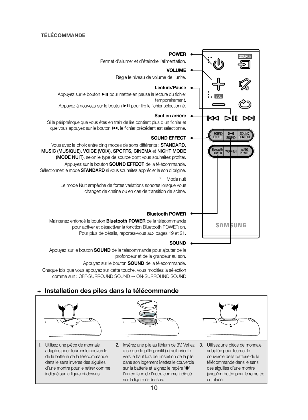 Samsung HW-J551/EN manual ++Installation des piles dans la télécommande, Permet d’allumer et d’éteindre l’alimentation 