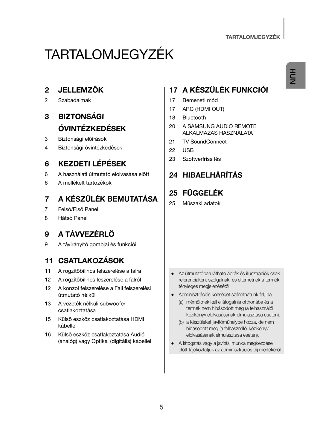 Samsung HW-J550/EN, HW-J551/EN manual Tartalomjegyzék, Adminisztrációs költséget számíthatunk fel, ha 