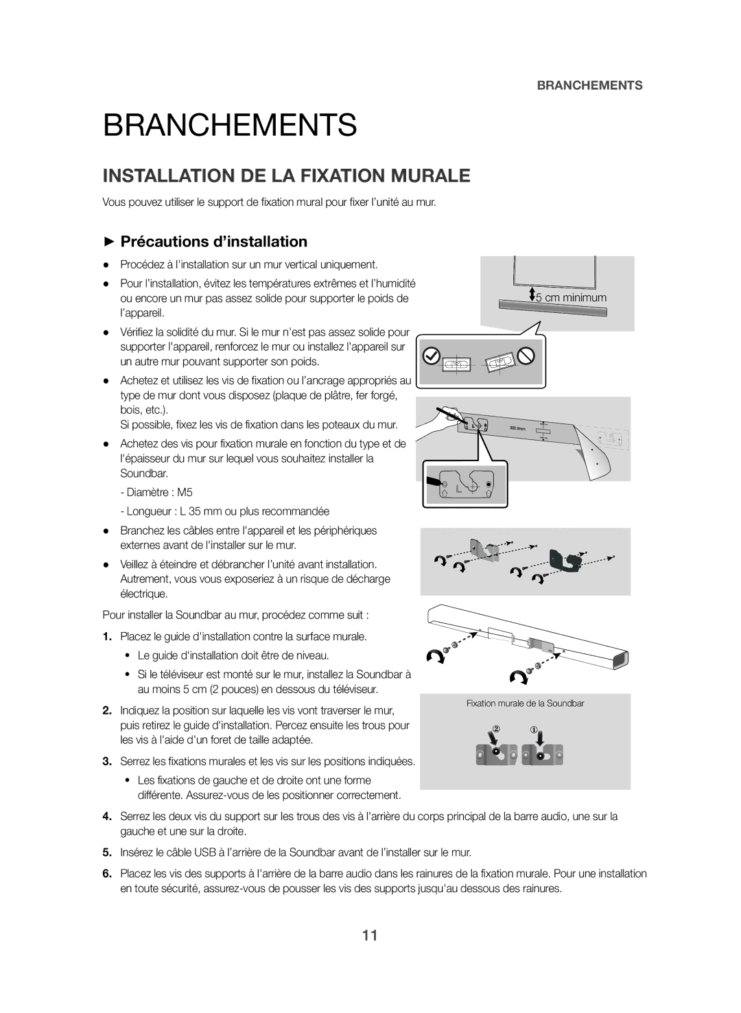 Samsung HW-J550/EN, HW-J551/EN Branchements, Installation DE LA Fixation Murale, ++Précautions d’installation, Cm minimum 