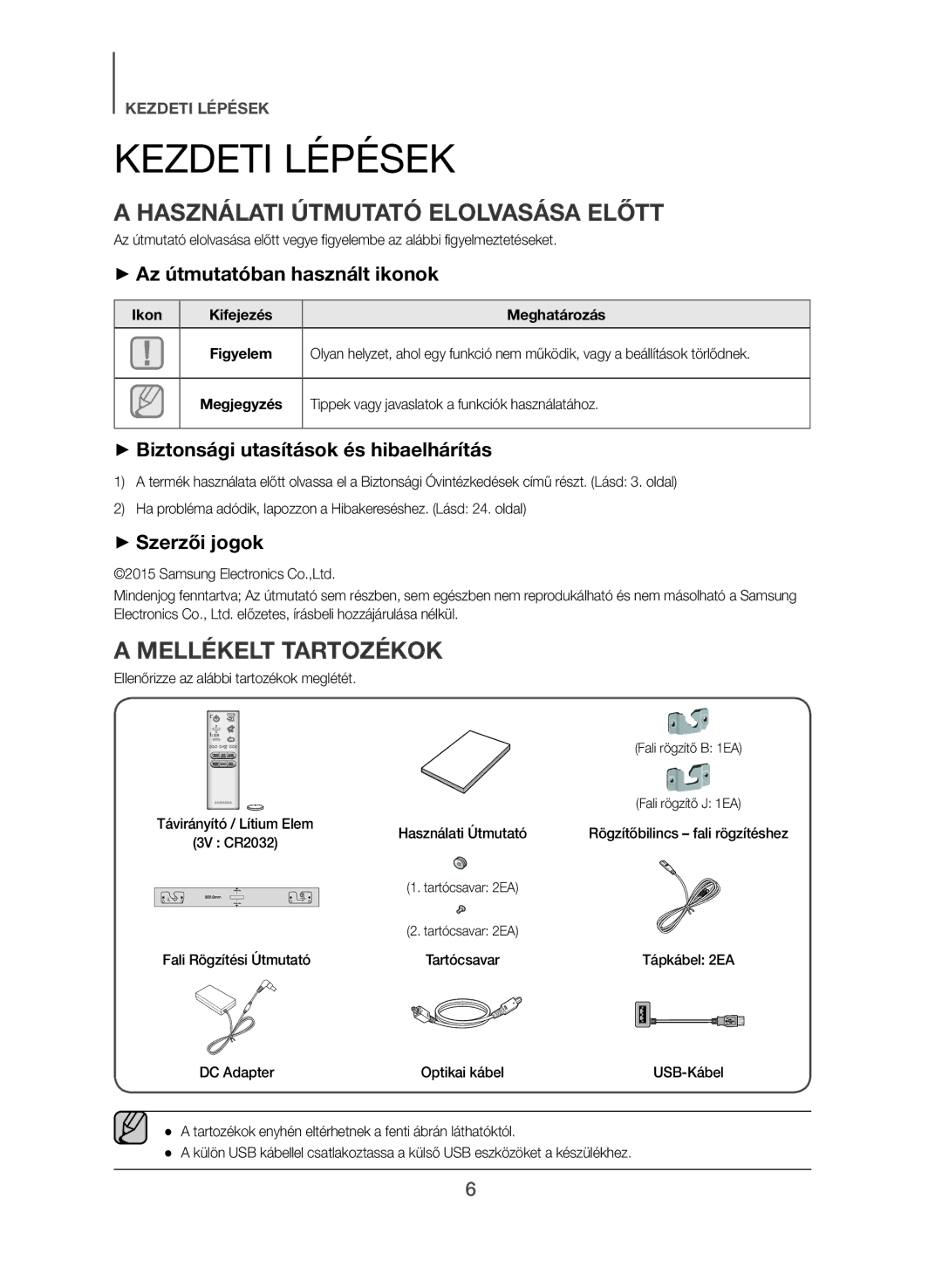 Samsung HW-J551/EN, HW-J550/EN manual Kezdeti Lépések, Használati Útmutató Elolvasása Előtt, Mellékelt Tartozékok 