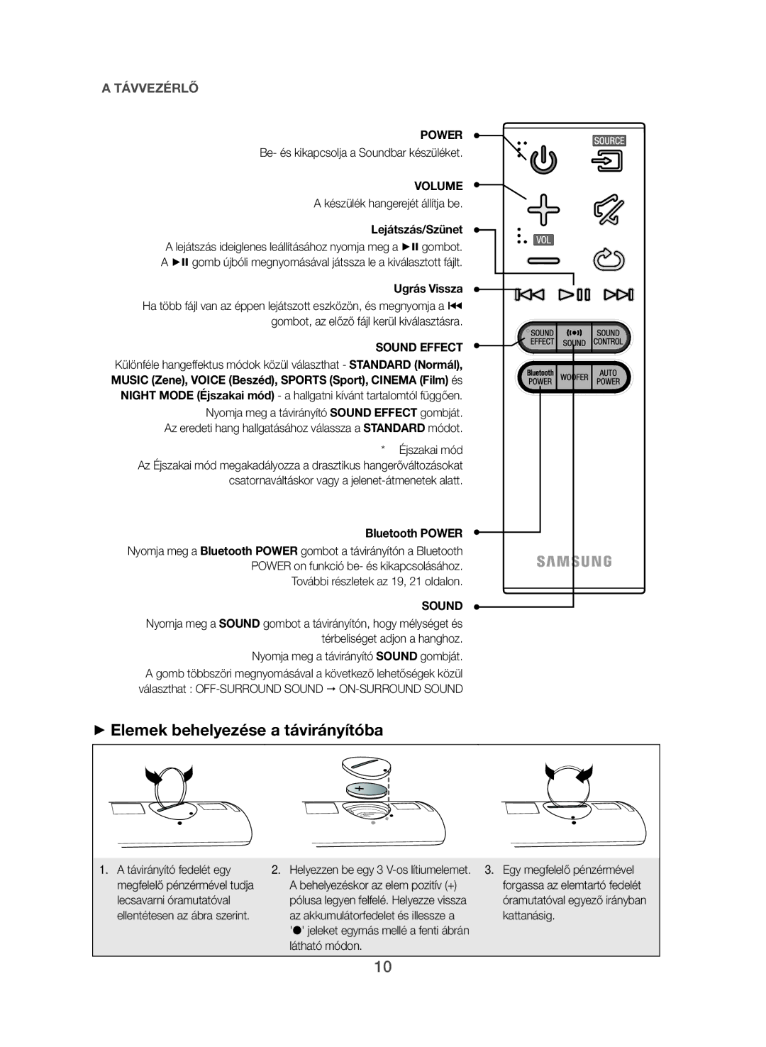 Samsung HW-J551/EN, HW-J550/EN manual ++Elemek behelyezése a távirányítóba, Lejátszás/Szünet, Ugrás Vissza 