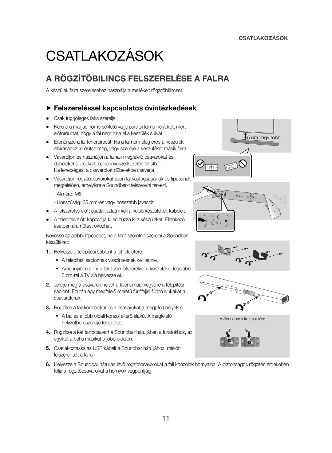 Samsung HW-J550/EN manual Csatlakozások, Rögzítőbilincs Felszerelése a Falra, ++Felszereléssel kapcsolatos óvintézkedések 