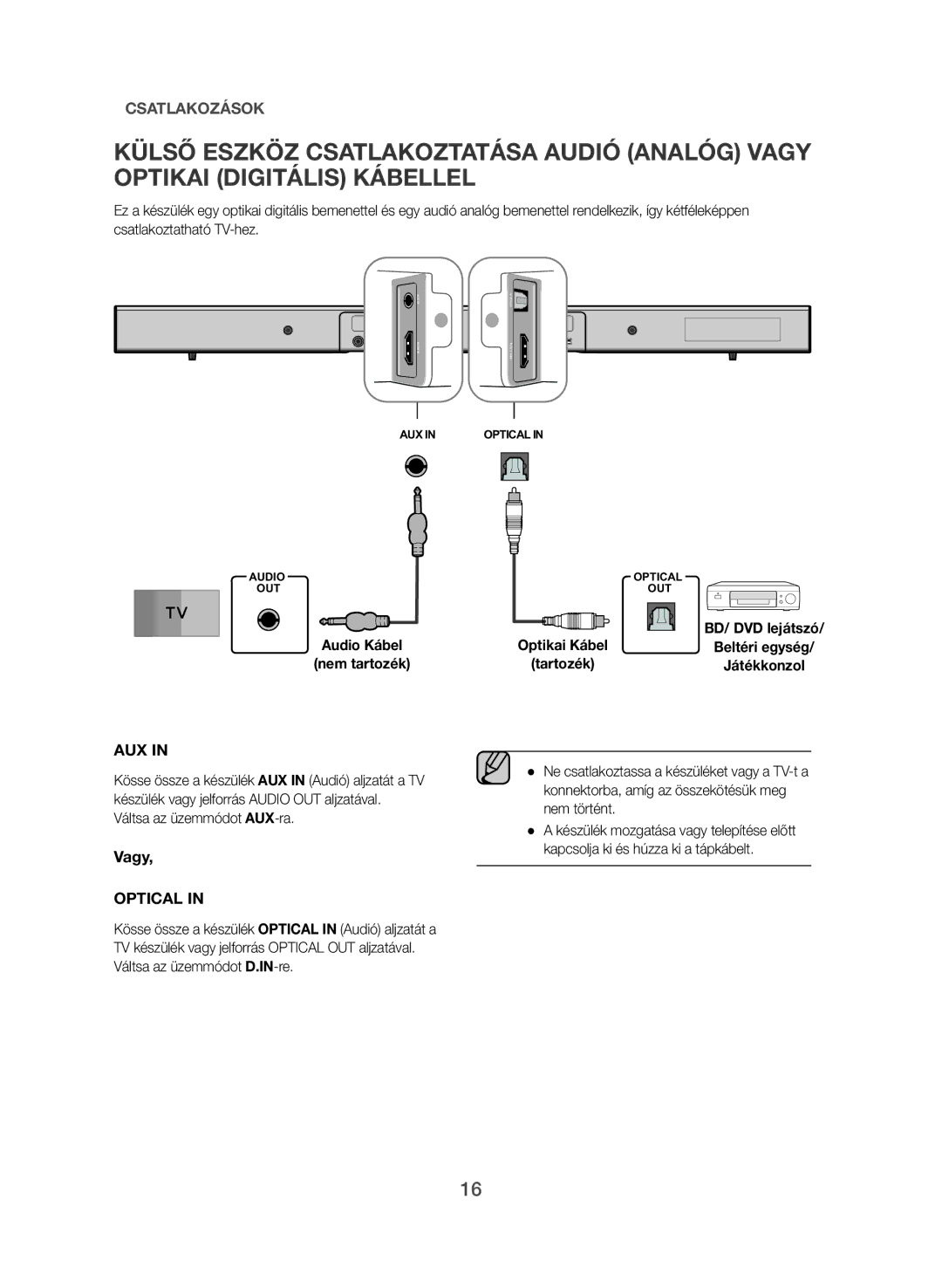 Samsung HW-J551/EN, HW-J550/EN manual Vagy, Audio Kábel Optikai Kábel 