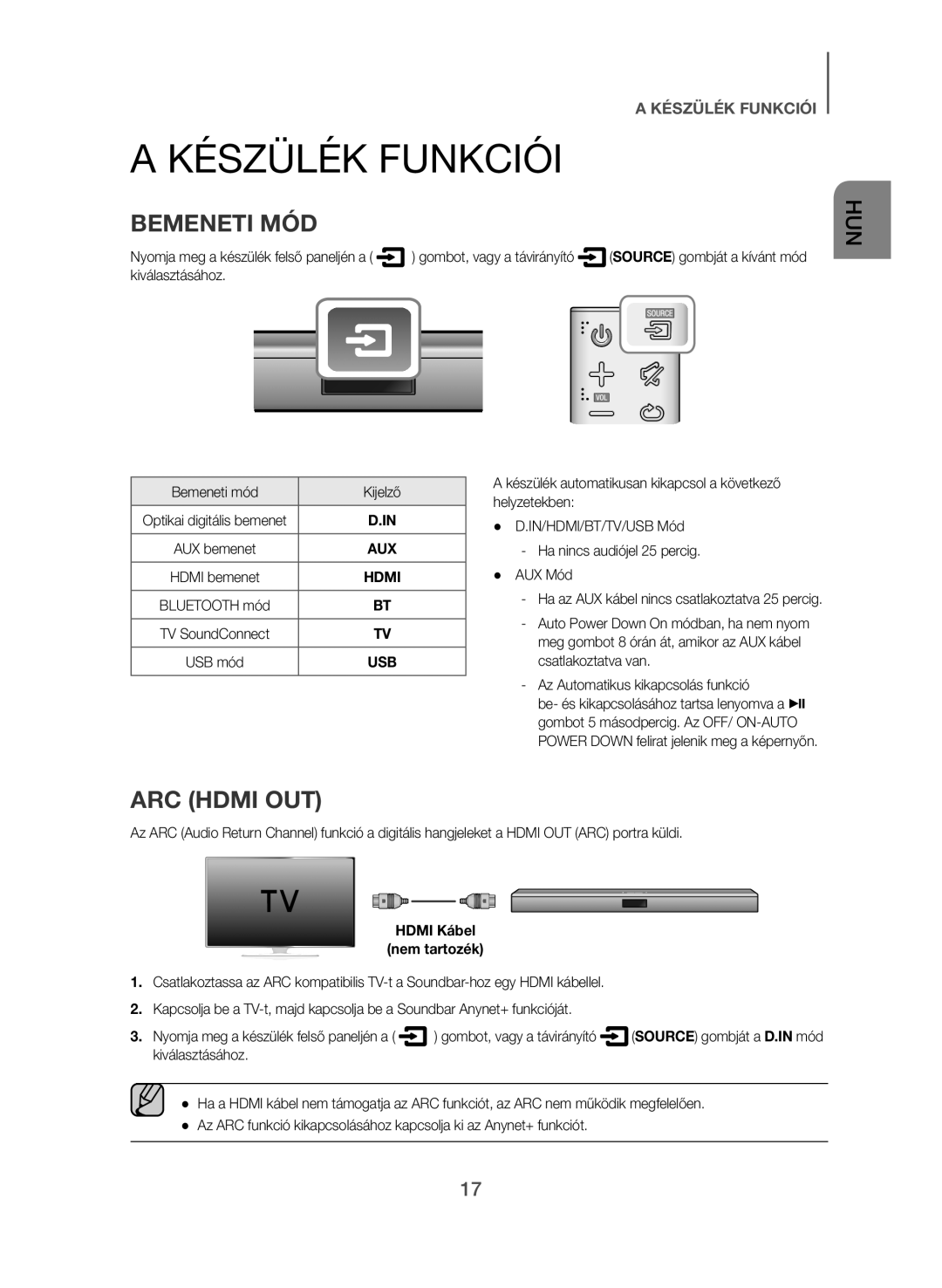 Samsung HW-J550/EN, HW-J551/EN manual Készülék Funkciói, Bemeneti MÓD, Bemeneti mód Kijelző 