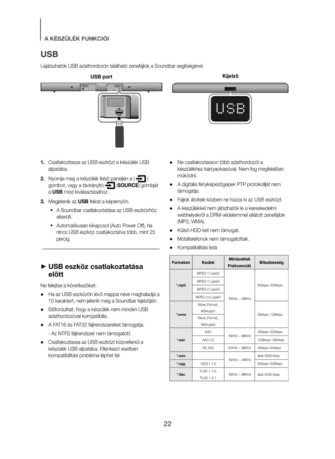 Samsung HW-J551/EN ++USB eszköz csatlakoztatása előtt, Ne felejtse a következőket, Külső HDD-ket nem támogat, Kijelző 