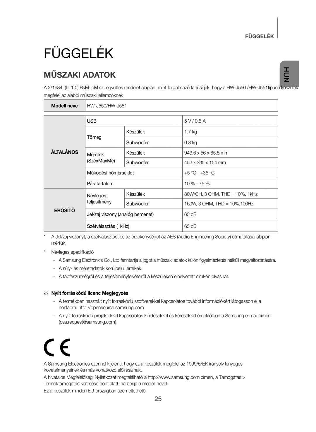 Samsung HW-J550/EN manual Függelék, Műszaki Adatok, Modell neve, Tömeg Készülék, Aa Nyílt forráskódú licenc Megjegyzés 