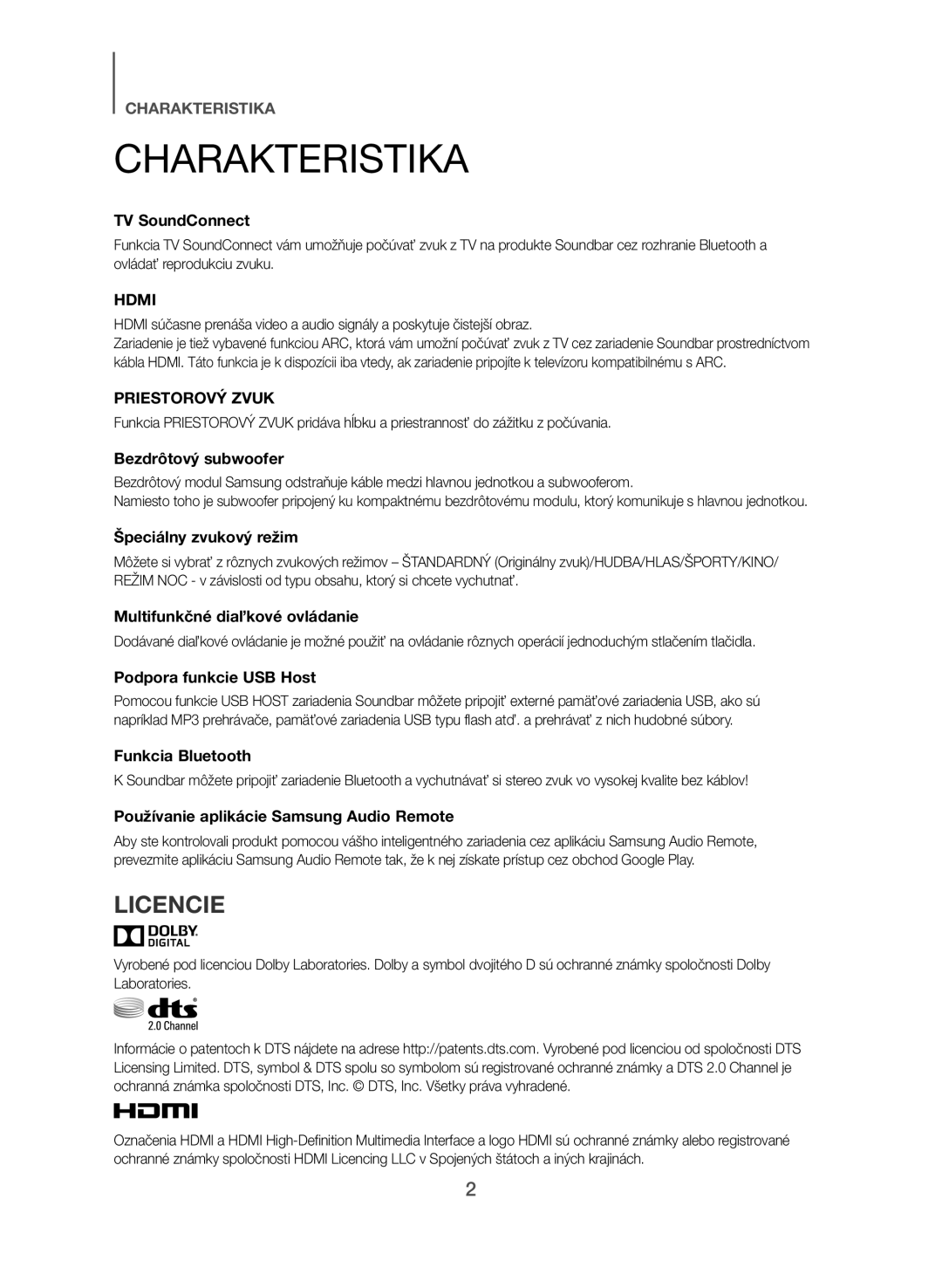 Samsung HW-J551/EN, HW-J550/EN manual Charakteristika, Licencie 