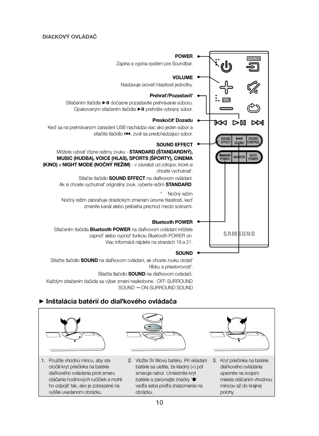 Samsung HW-J551/EN ++Inštalácia batérií do diaľkového ovládača, Prehrať/Pozastaviť, Preskočiť Dozadu, Bluetooth Power 